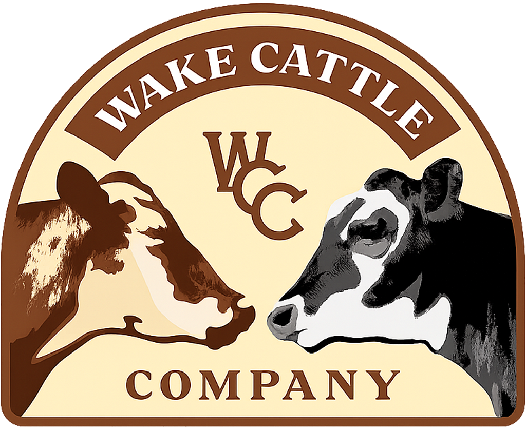 Logo Logo of Wake Cattle Company featuring two cows facing each other, with the initials "WCC" prominently displayed. The design combines brown and cream colors, emphasizing the company's focus on cattle farming.
